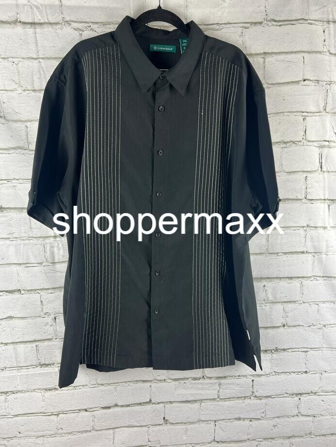 Cubavera Men's Striped Panel Dobby Short Sleeve Button-Down Shirt, Black, 2X