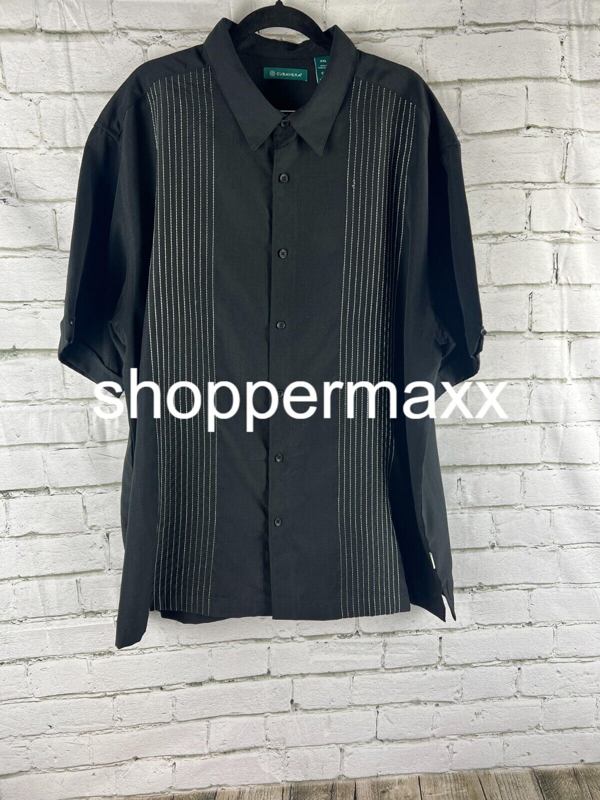 Cubavera Men's Striped Panel Dobby Short Sleeve Button-Down Shirt, Black, 2X