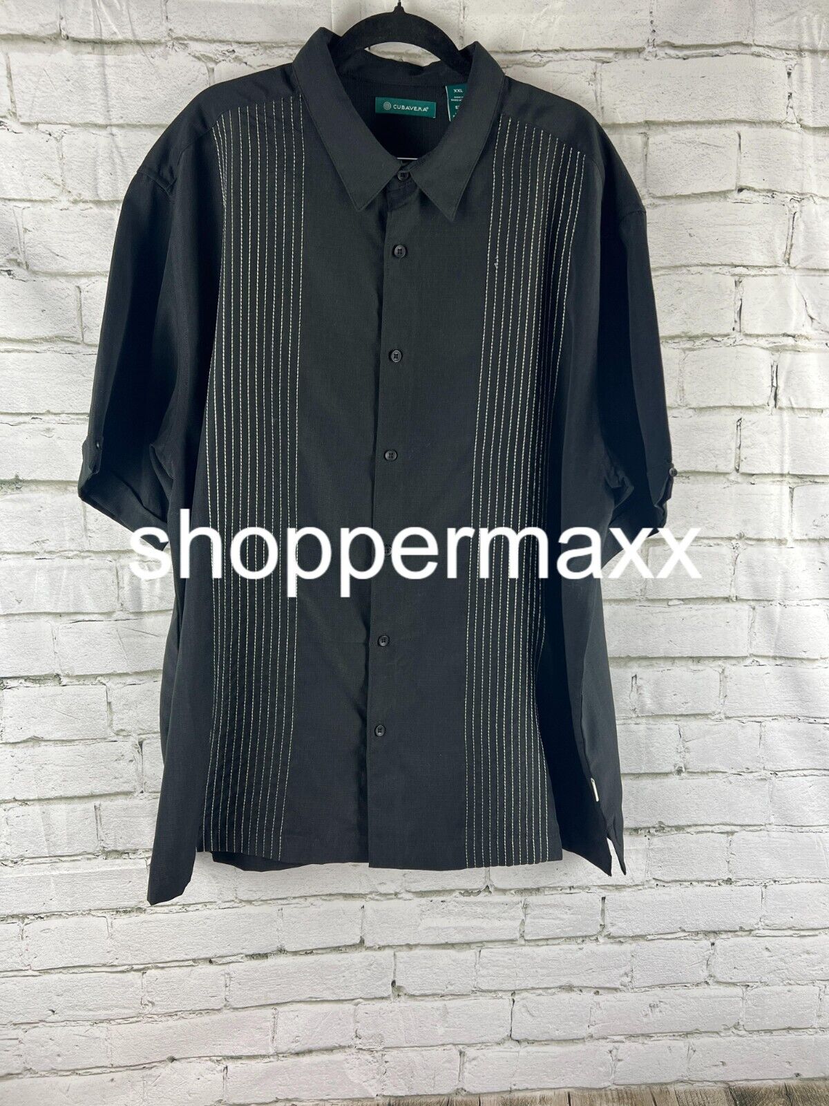 Cubavera Men's Striped Panel Dobby Short Sleeve Button-Down Shirt, Black, 2X