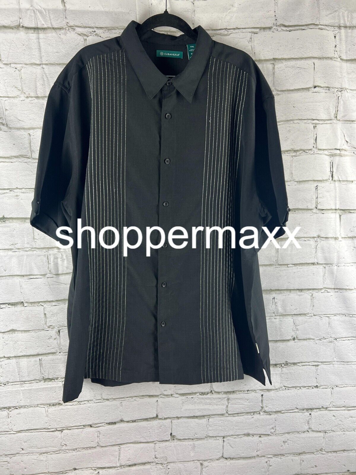 Cubavera Men's Striped Panel Dobby Short Sleeve Button-Down Shirt, Black, 2X