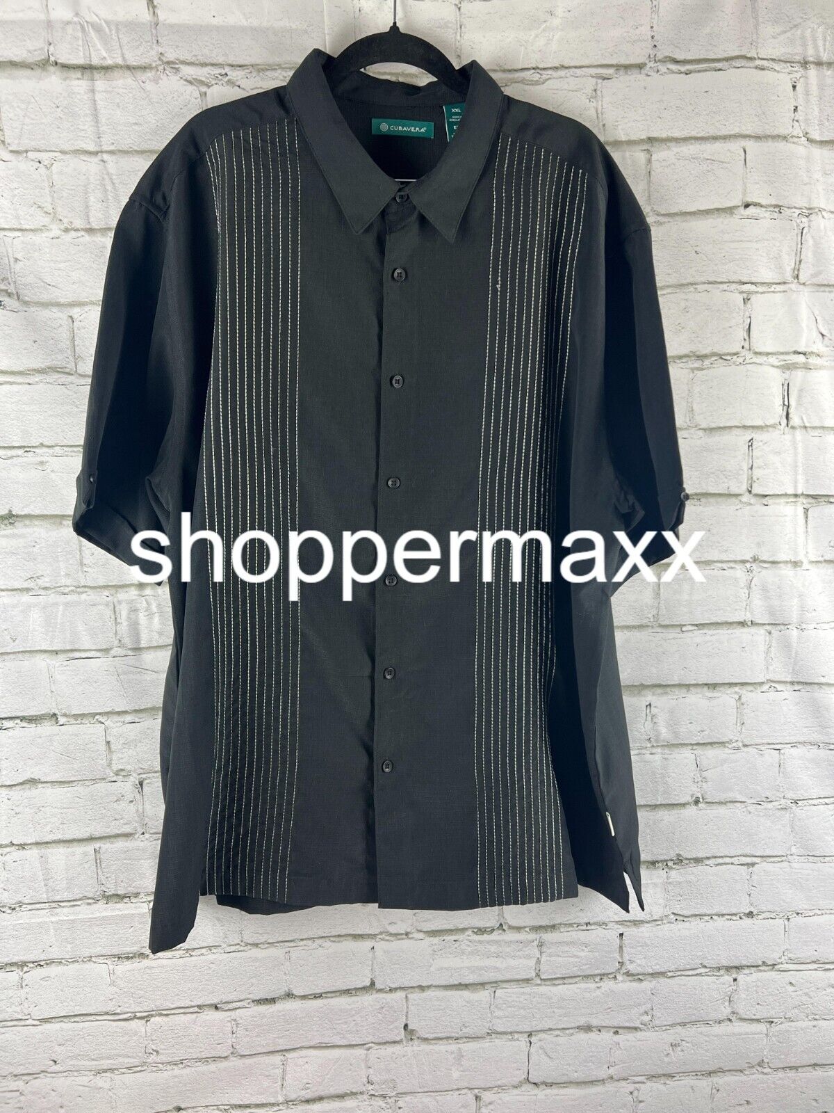 Cubavera Men's Striped Panel Dobby Short Sleeve Button-Down Shirt, Black, 2X