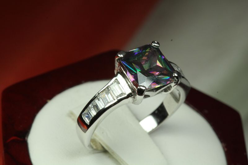WOMENS PRINCESS CUT RING STERLING SILVER 925 CZ RAINBOW MYSTIC TOPAZ Sz 7+8+10