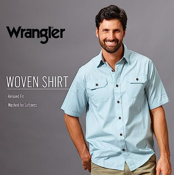 Wrangler Authentics mens Short Sleeve Classic Woven Button Down Shirt Chambray L