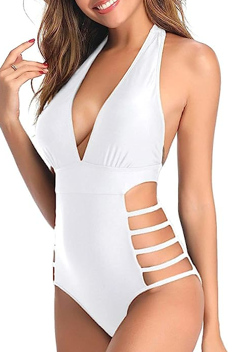 Tempt Me Women Sexy One Pc Swimsuits Plunge V Neck Halter Bathing Suits L