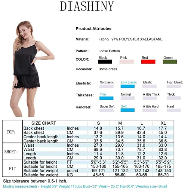DIASHINY Lace Satin Pajama Set Women Pjs Set Cami Silky Lingerie Nightwear XL