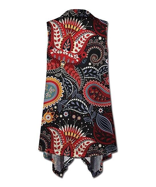 UDEAR | Red & Black Paisley Longline Open Vest - Women M