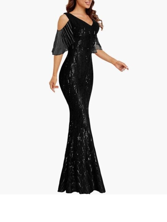 Cilucu Women Sexy V-Neck Mermaid Dress for Wedding Guest Cold Shoulder Sleeve M