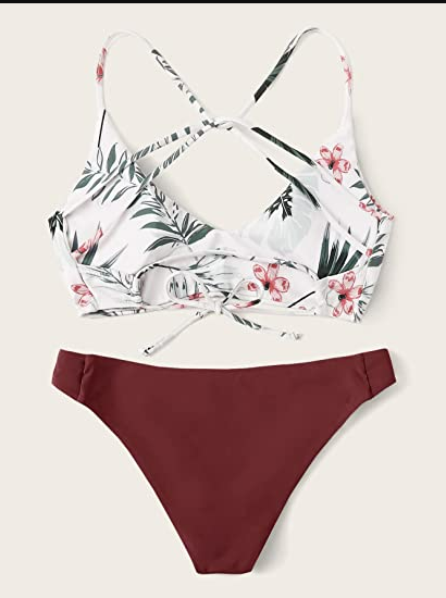 SweatyRocks Women's Sexy Bathing Suit Floral Cross Back Bikini Set Swimsuit L