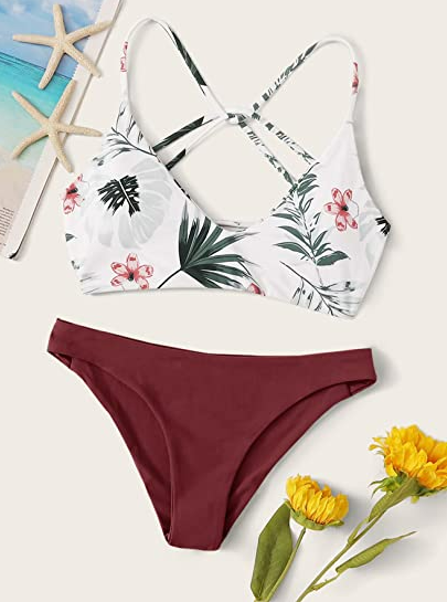 SweatyRocks Women's Sexy Bathing Suit Floral Cross Back Bikini Set Swimsuit L
