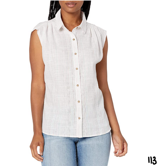 Caribbean Joe Women's Sleeveless Pleated Button Up Shirt with Lurex Stripe Wht M