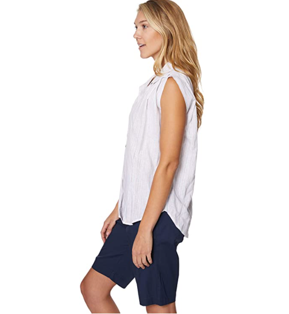 Caribbean Joe Women's Sleeveless Pleated Button Up Shirt with Lurex Stripe Wht M