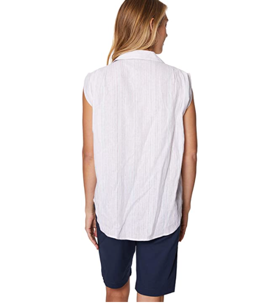 Caribbean Joe Women's Sleeveless Pleated Button Up Shirt with Lurex Stripe Wht M