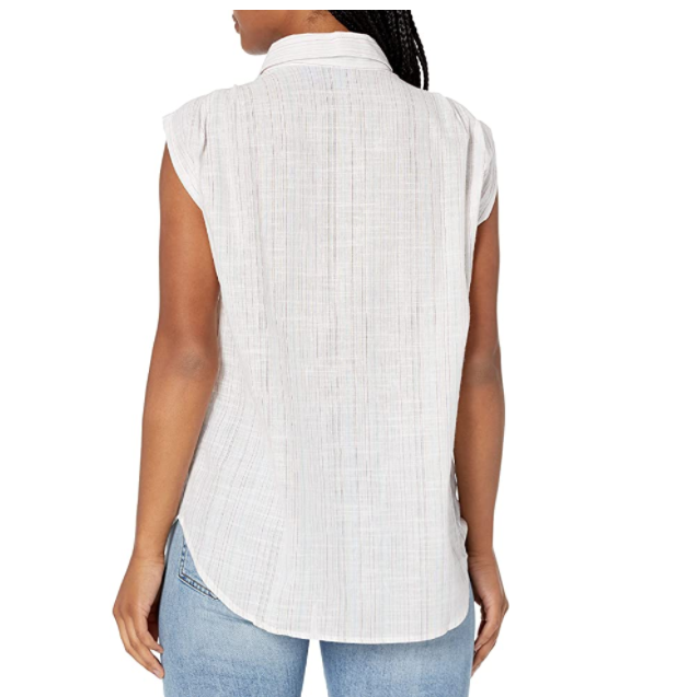 Caribbean Joe Women's Sleeveless Pleated Button Up Shirt with Lurex Stripe Wht M