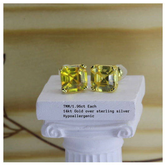 Canary Yellow 1.96CT/Each Asscher Cut Gold Plated Silver CZ Stud Earrings Unisex
