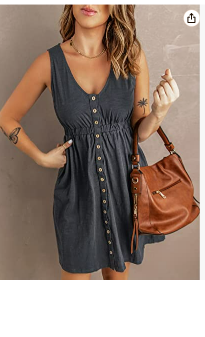 Acelitt Womens Casual Sleeveless Button Down Elastic Waist Swing Dresses Grey M
