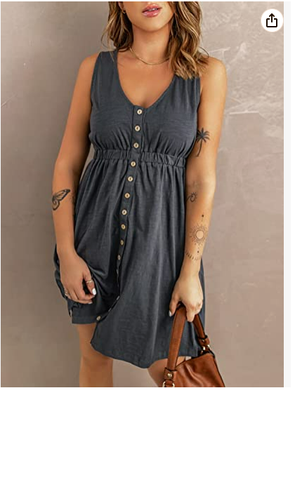 Acelitt Womens Casual Sleeveless Button Down Elastic Waist Swing Dresses Grey M
