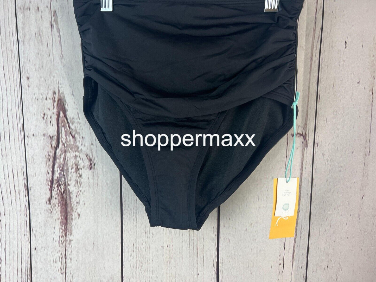 Women's Shirred High Waist Bikini Bottom - Kona Sol, Color- Black, Size -S