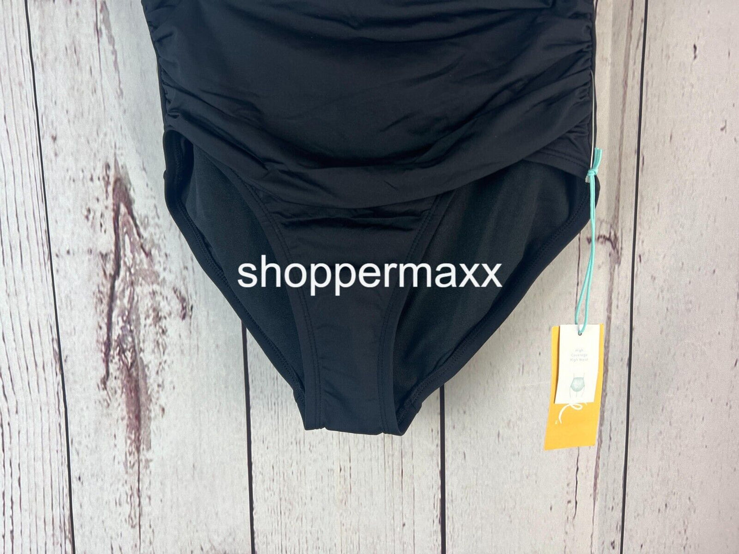 Women's Shirred High Waist Bikini Bottom - Kona Sol, Color- Black, Size -S