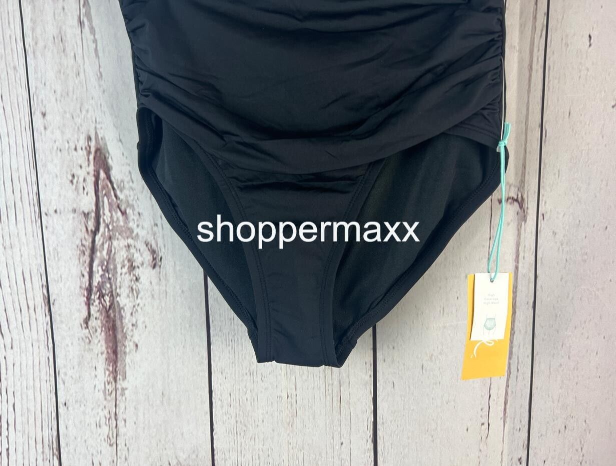 Women's Shirred High Waist Bikini Bottom - Kona Sol, Color- Black, Size -S