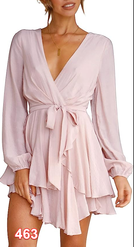 Cosonsen Women's Dress Deep V-Neck Long Sleeve Waist Tie Ruffle Mini Swing Dress