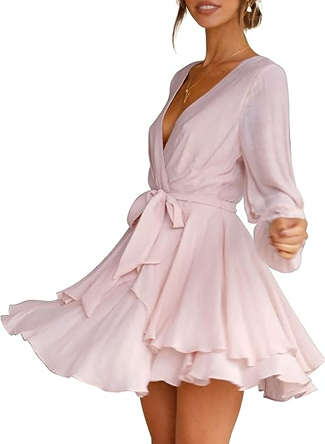 Cosonsen Women's Dress Deep V-Neck Long Sleeve Waist Tie Ruffle Mini Swing Dress