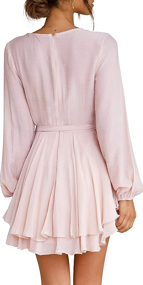 Cosonsen Women's Dress Deep V-Neck Long Sleeve Waist Tie Ruffle Mini Swing Dress