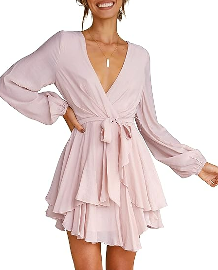 Cosonsen Women's Dress Deep V-Neck Long Sleeve Waist Tie Ruffle Mini Swing Dress