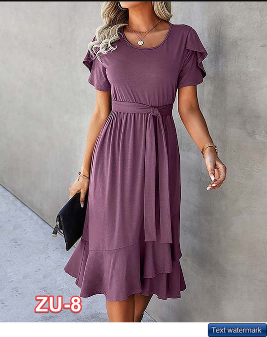 Elings | Purple Tulip-Sleeve Ruffle-Hem Midi Dress - Women Medium