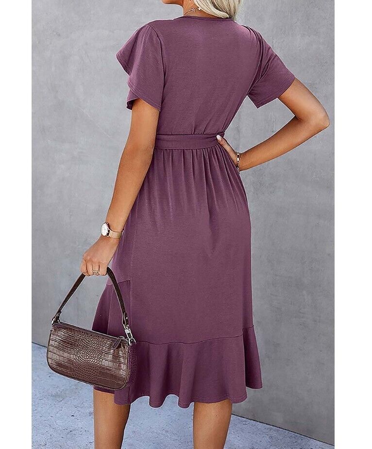 Elings | Purple Tulip-Sleeve Ruffle-Hem Midi Dress - Women Medium