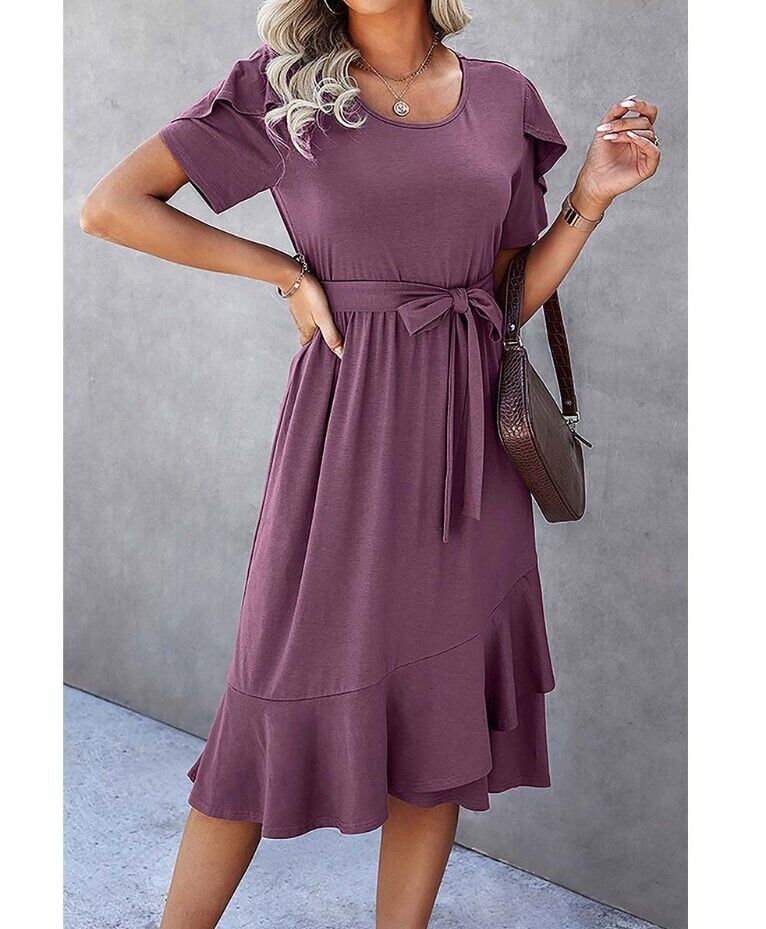 Elings | Purple Tulip-Sleeve Ruffle-Hem Midi Dress - Women Medium