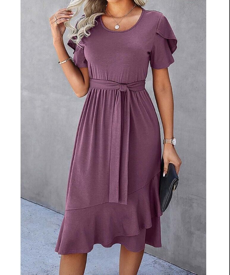 Elings | Purple Tulip-Sleeve Ruffle-Hem Midi Dress - Women Medium