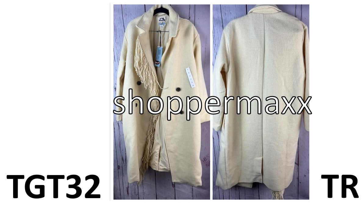 Women's Notched Lapel Double Breasted Fringe Coat - Future Collective, Cream, M