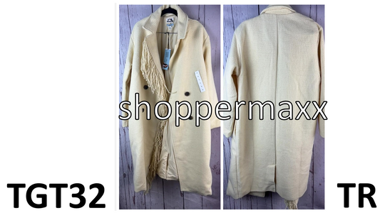 Women's Notched Lapel Double Breasted Fringe Coat - Future Collective, Cream, M