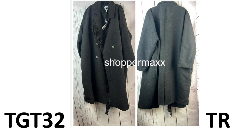 Women's Notched Lapel Double Breasted Fringe Coat - Future Collective, Black, 3X
