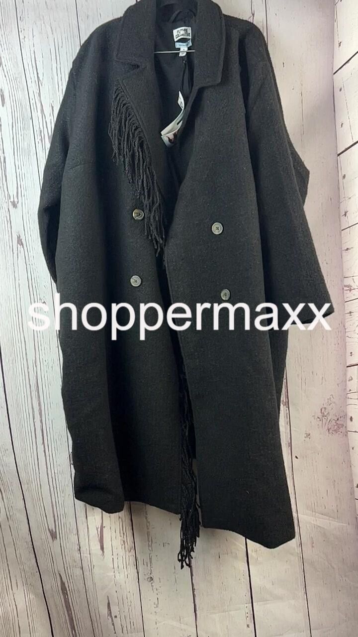 Women's Notched Lapel Double Breasted Fringe Coat - Future Collective, Black, 3X
