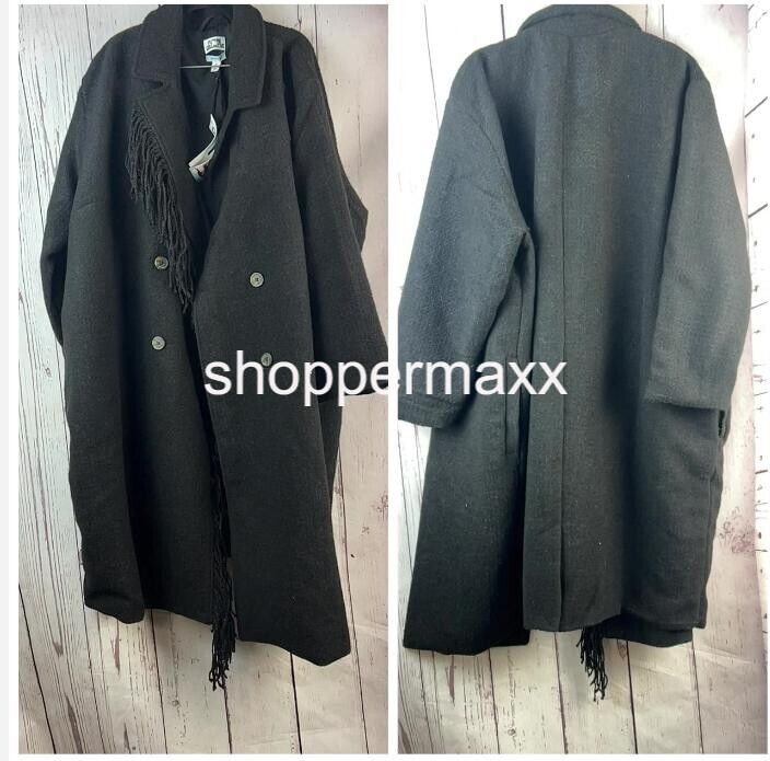 Women's Notched Lapel Double Breasted Fringe Coat - Future Collective, Black, 3X