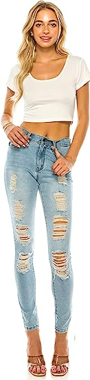 Double Denim January 5th Women's Skinny Denim Jeans Stretch Elastic Waistband S