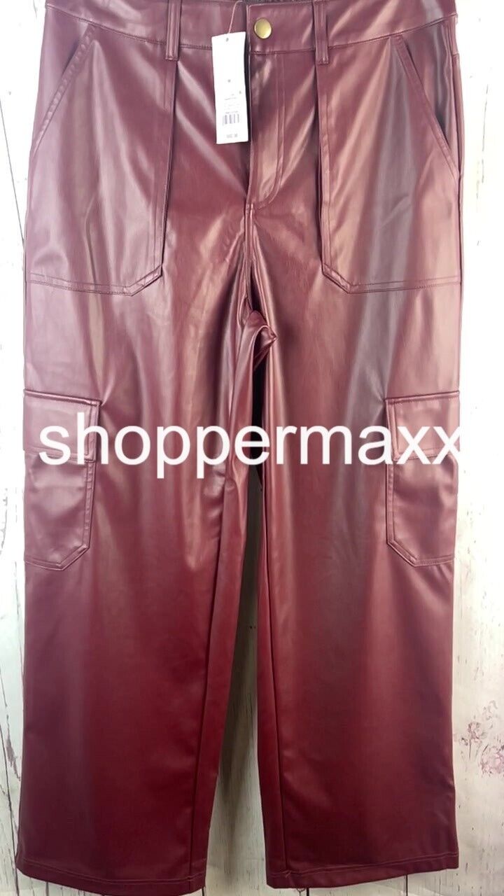 Women's High-Rise Straight Leg Faux Leather Cargo Pants -Wild Fable, Burgundy, M