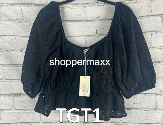 A New Day Women's Puff Elbow Sleeve Eyelet Shirt - L Women Black Shirt Large