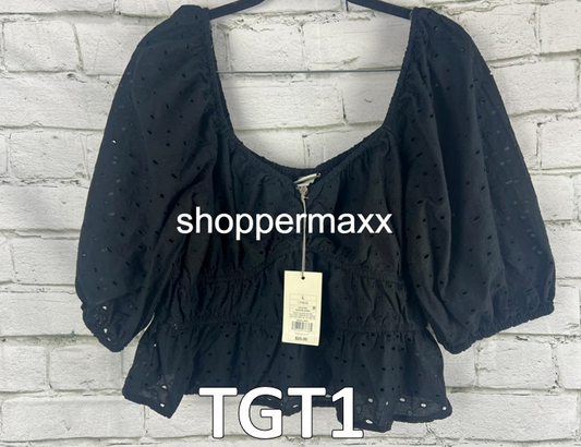 A New Day Women's Puff Elbow Sleeve Eyelet Shirt - L Women Black Shirt Large