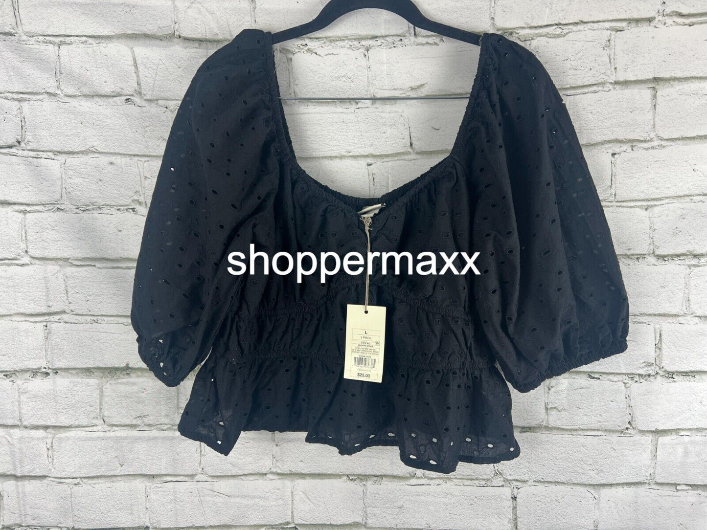 A New Day Women's Puff Elbow Sleeve Eyelet Shirt - L Women Black Shirt Large