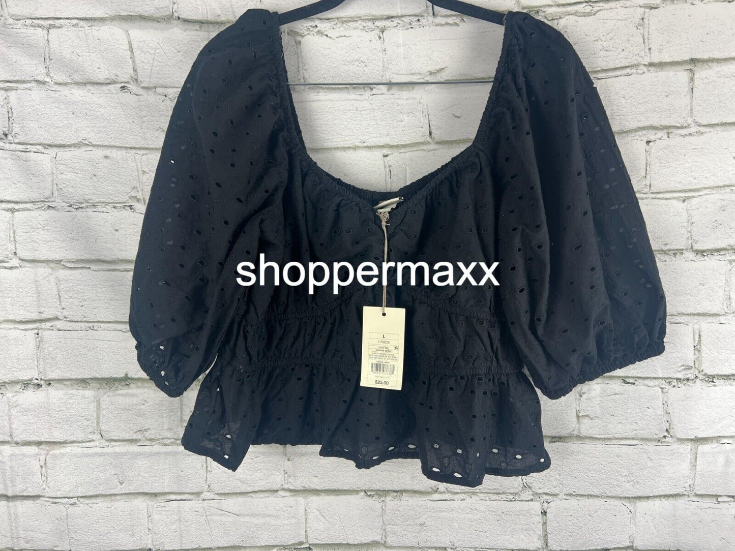 A New Day Women's Puff Elbow Sleeve Eyelet Shirt - L Women Black Shirt Large