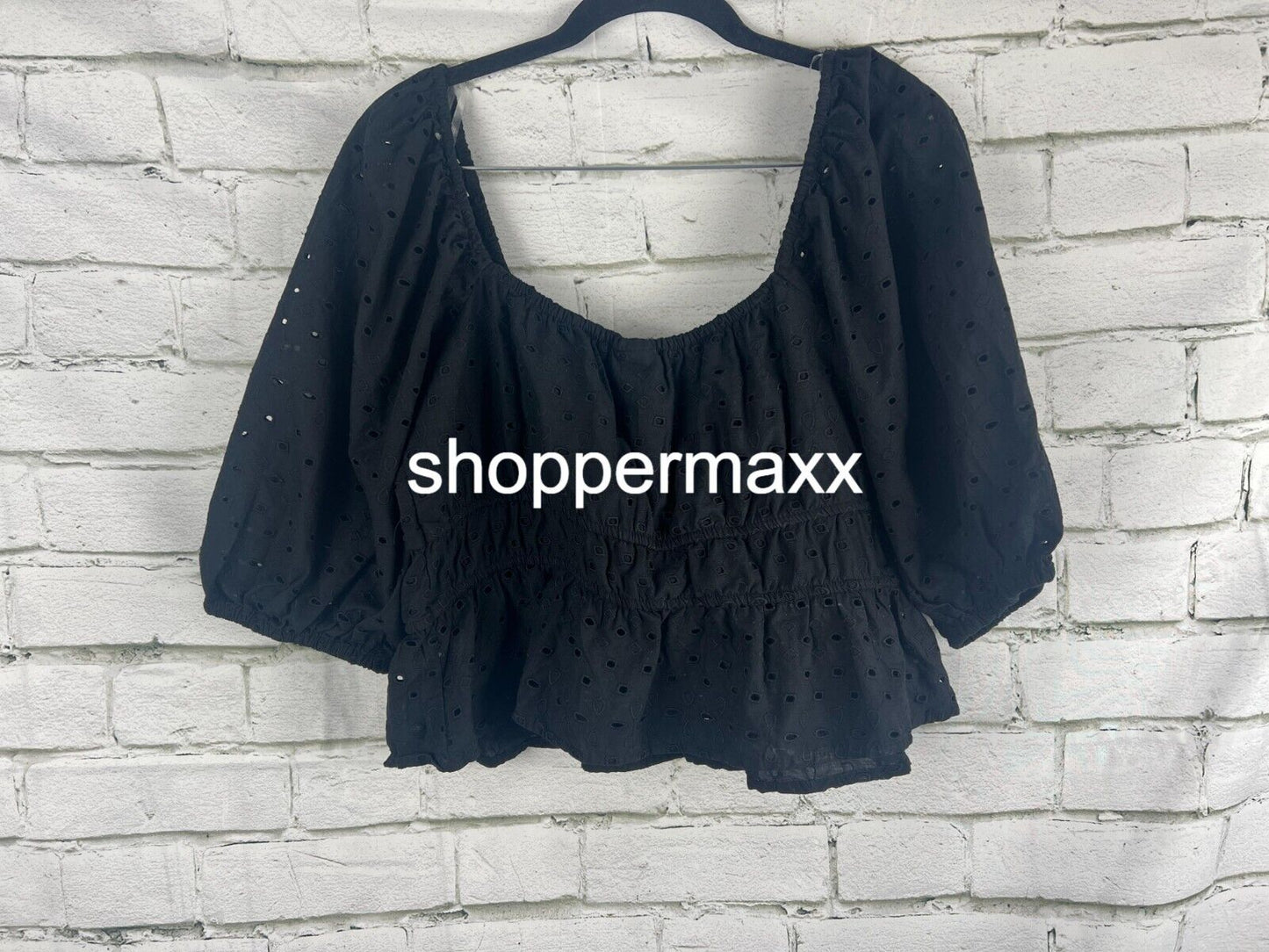 A New Day Women's Puff Elbow Sleeve Eyelet Shirt - L Women Black Shirt Large