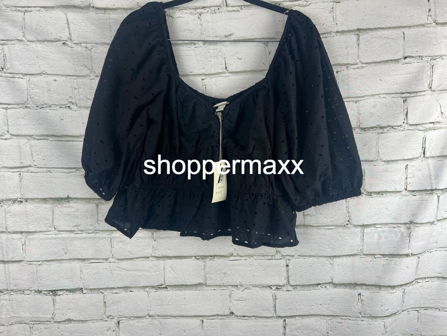 A New Day Women's Puff Elbow Sleeve Eyelet Shirt - L Women Black Shirt Large