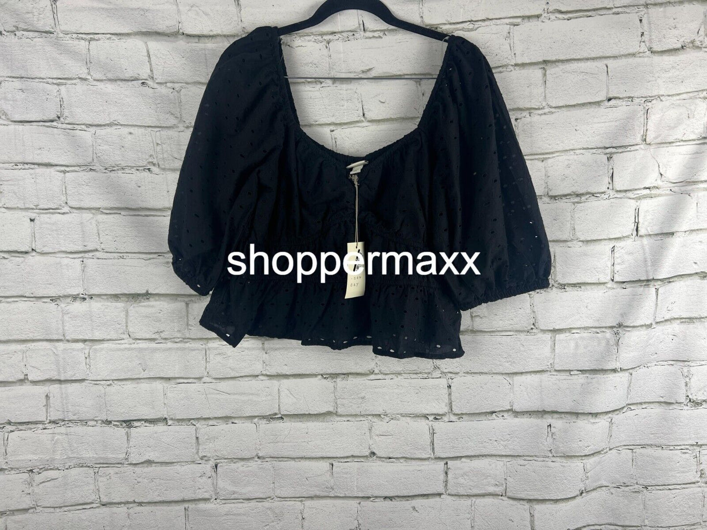 A New Day Women's Puff Elbow Sleeve Eyelet Shirt - L Women Black Shirt Large