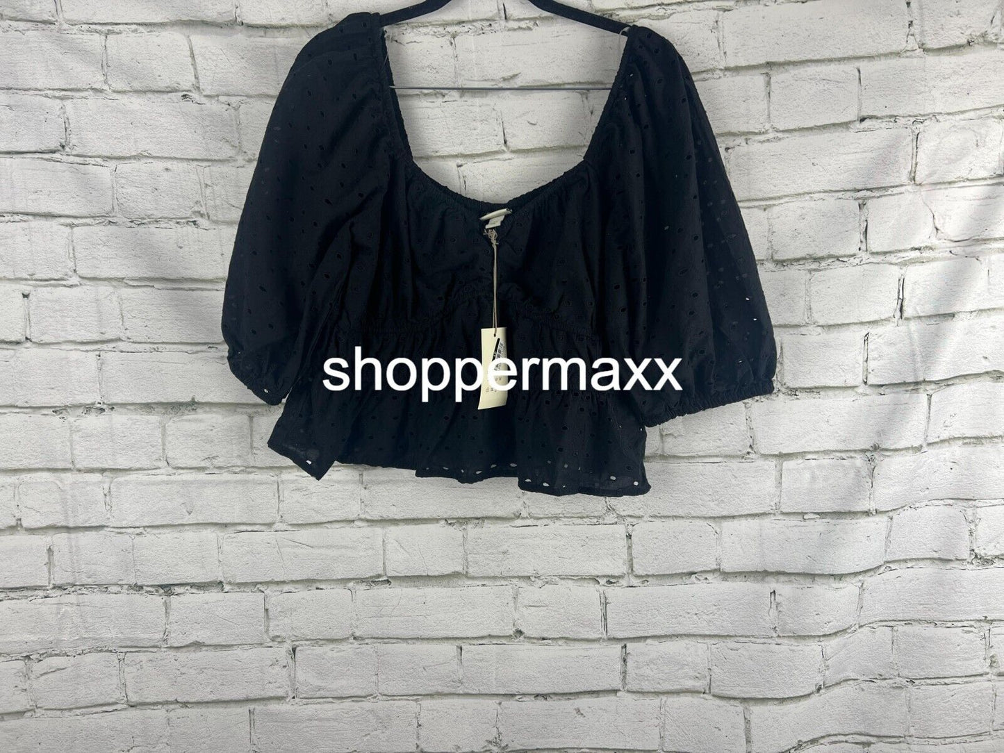 A New Day Women's Puff Elbow Sleeve Eyelet Shirt - L Women Black Shirt Large