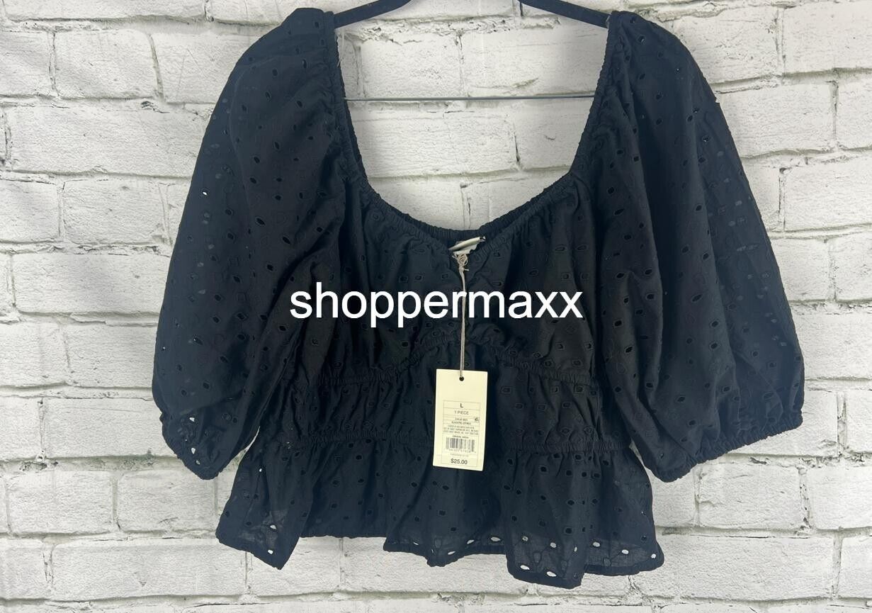A New Day Women's Puff Elbow Sleeve Eyelet Shirt - L Women Black Shirt Large