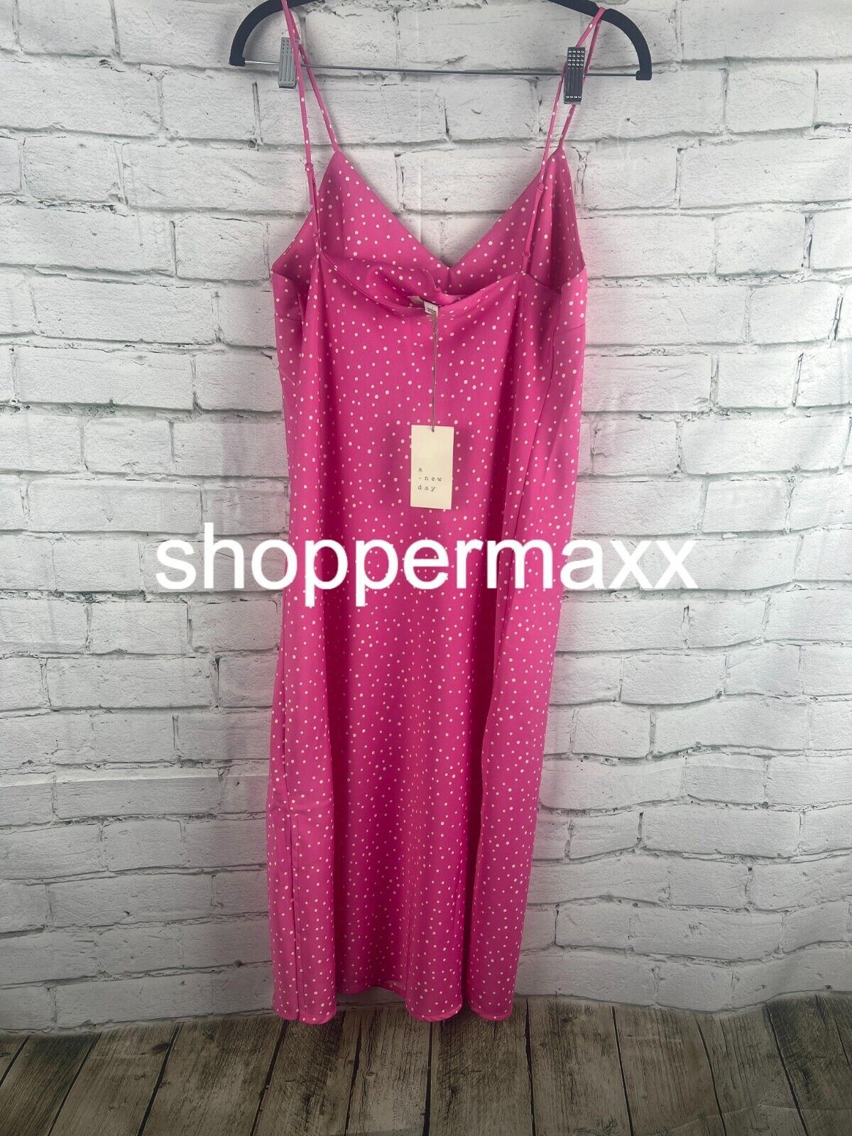 A New Day Women's V-Neck Slip Dress Pink Polka Dots, Size Medium