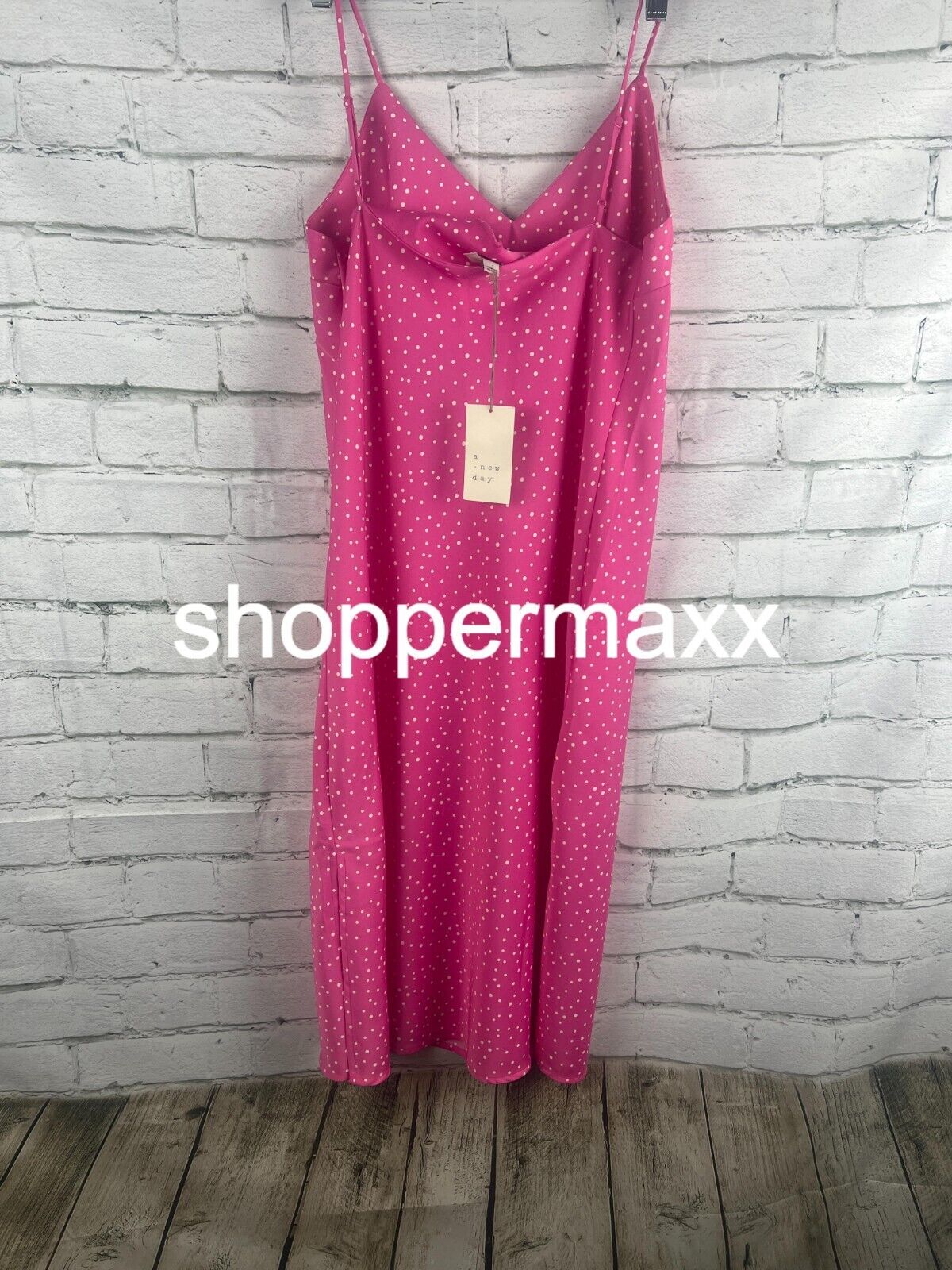 A New Day Women's V-Neck Slip Dress Pink Polka Dots, Size Medium