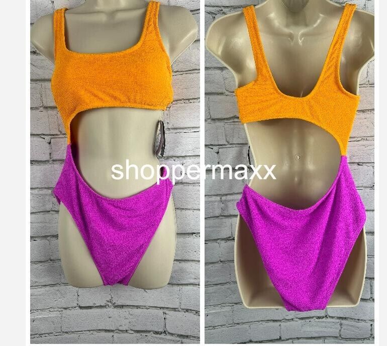 WILD FABLE WOMEN'S CUT OUT ONE PIECE SWIMSUIT - ORANGE & PINK, M (8-10)